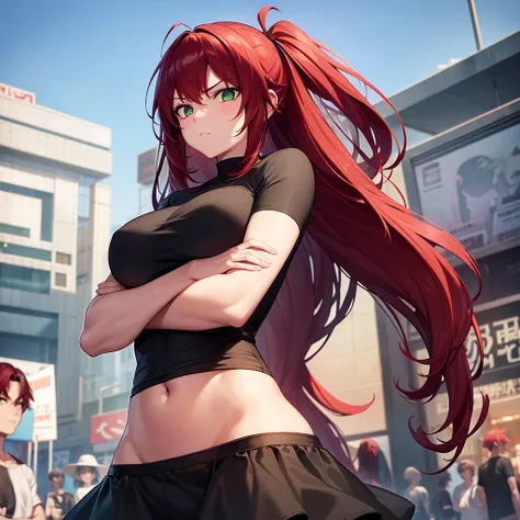 girl; looks away; frown; red hair; green eyes; fair skin; black T-shirt; crossed arms on chest; Tokyo Revengers style.