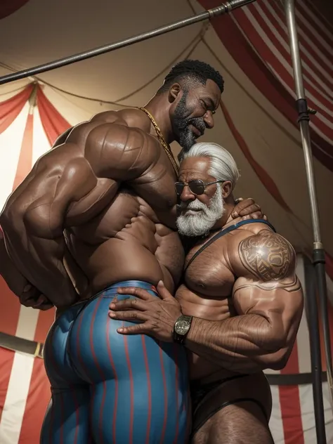 Hyperrealistic image of a trapeze artist hugging an African man Steampunk superhero very old and very sweaty very gray-haired bodybuilder over 80 years old very muscular and fat more than 200 kilos with a naked torso large and flaccid pectorals tattooed hu...