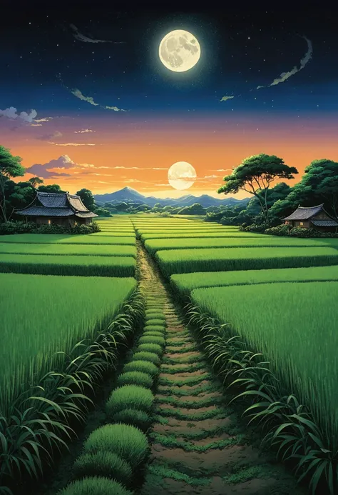 Ghibli　night　Paddy field　shooting star　moon　fantasy　