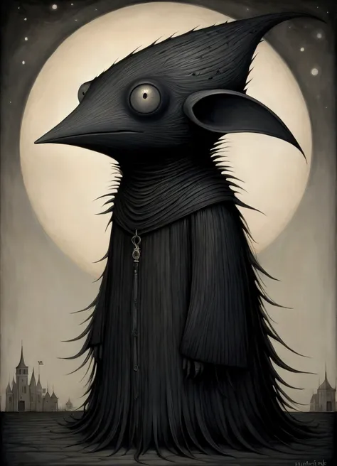 ((Inspired by John Kenn Mortensen)), Fusion of oil painting and watercolor, Artwork depicting a black creature, Cool, Total darkness, A ray of light, And various shades and gradients, best quality, Ridiculous, Extremely detailed, Textured Matte，