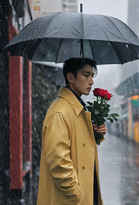 in a bustling city，cold rain，A man stands alone in the rain，The tightly held roses are scattered on the ground。His eyes are confused，The expression is sad，Gloomy eyes， and strong，withered rose，Wilted flowers，The rain washed over his cheeks。He insists on wa...