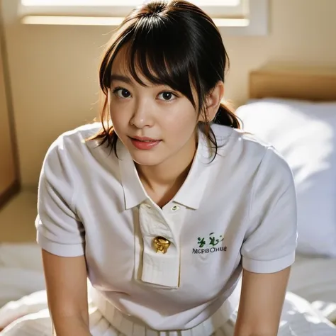 (Masterpiece, Best quality: 1.4), (Ultra realistic, Photo-realistic: 1.2), From above, Full body, Sitting, Looking at viewer, Natural light, 28 years old actress, Japanese women, Neat and clean, ((Wearing white tennis uniform, White short-sleeve polo shirt...