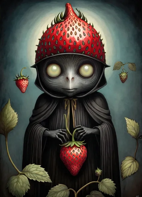 ((Inspired by John Kenn Mortensen)), Fusion of oil painting and watercolor, Artwork depicting a black strawberry, Cool, Total darkness, A ray of light, And various shades and gradients, best quality, Ridiculous, Extremely detailed, Textured Matte，