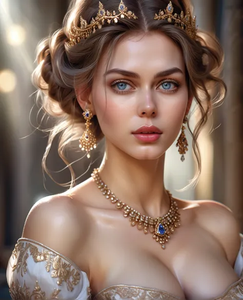 a beautiful woman with large breasts, extremely detailed facial features, beautiful eyes, long eyelashes, perfect nose and lips, elegant hairstyle, intricate jewelry, flowing dress, delicate skin, perfect proportions, photorealistic, highly detailed, 8k, m...