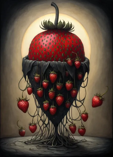 ((Inspired by John Kenn Mortensen)), Fusion of oil painting and watercolor, Artwork depicting a black strawberry, Cool, A ray of light, And various shades and gradients, best quality, Ridiculous, Extremely detailed, Textured Matte，