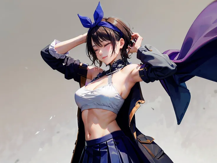 black hair, short hair, blue eyes,  ribbon, breasts, bow, hair ribbon, hairband, hair bow, bangs, large breasts, sarashina ruka, smile,
BREAK ((purple coat, skirt):1.2),
BREAK closed_eyes, closed_mouth, hands_in_hair, simple_background,  white_background, ...