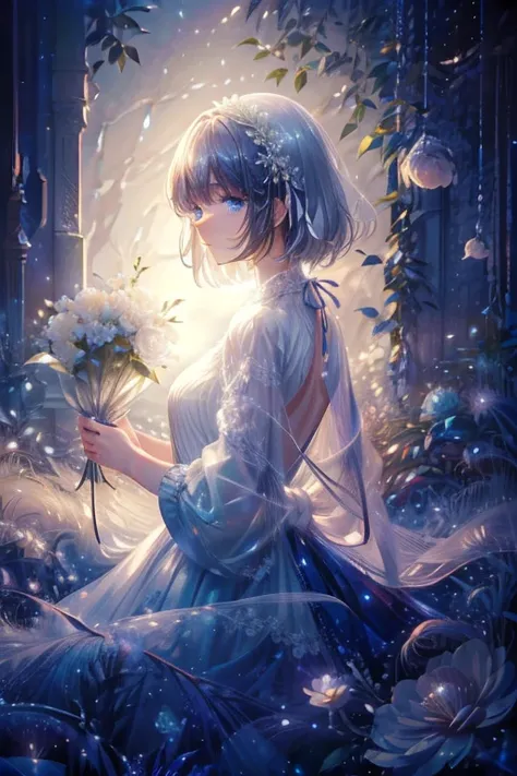 (masterpiece、8k、Highest quality)、(Soft Light:1.3), Detailed face, Long Hair,fine grain, dress, Beautiful digital art, landscape, Soft backlight, Lots of flowers, forest, Gentle blue eyes,Short Hair, Winters, warm, warm light, Moonlit Night