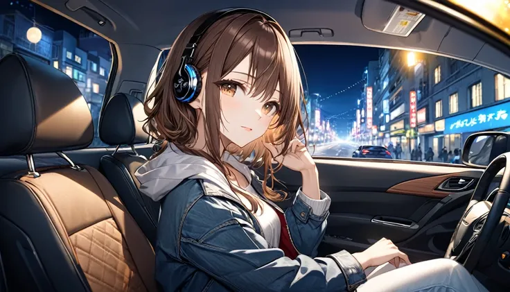 Brown-haired girl wearing headphones、Scene background of driving through the city at night in the passenger seat of a car：Night city and car interior look：A costume with a relaxed expression looking outside：Casual jacket and denim pose：Sit in the passenger...