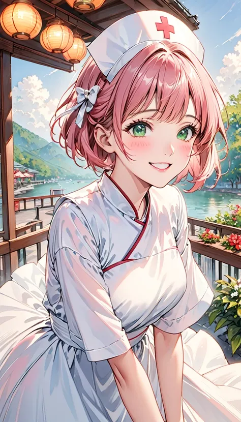 Short pink hair，Green eyes，1 girl，White nurse uniform，No hat，There is a white bow on the head，floating long dress，上Half Body，Facing the camera，Happy expression，Joyful atmosphere，Close-up of face，HD face，high quality，Open-air restaurant，Half Body，clear，