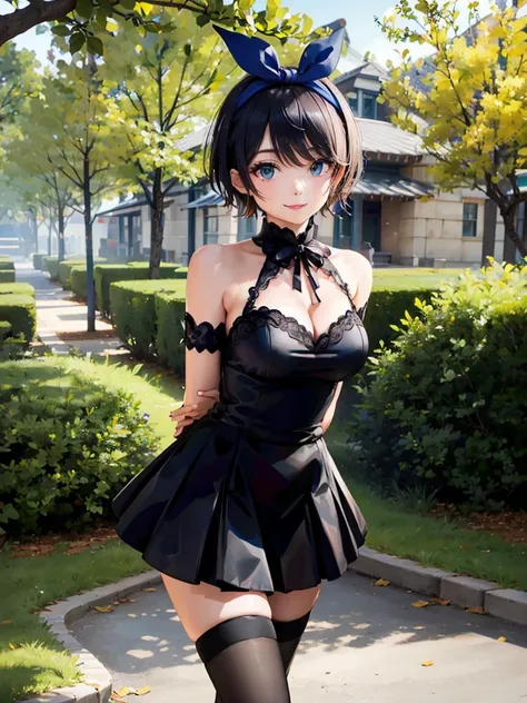 black hair, short hair, blue eyes,  ribbon, breasts, bow, hair ribbon, hairband, hair bow, bangs, large breasts, sarashina ruka, smile,
BREAK (alternate costume, armlet, bare shoulders, black dress, black thighhighs, cleavage, dress,see-through gloves, thi...