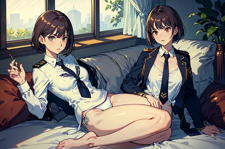 masterpiece,(Perfect Anatomy:1.5), highest quality, a lady , slender, leggy, Seductive, short hair, brown hair, (wear a white long sleeved shirt, tie, navy officer jacket:1.5), white bikini panties , barefoot, Perfect hands, Perfect body, reclining, lying ...