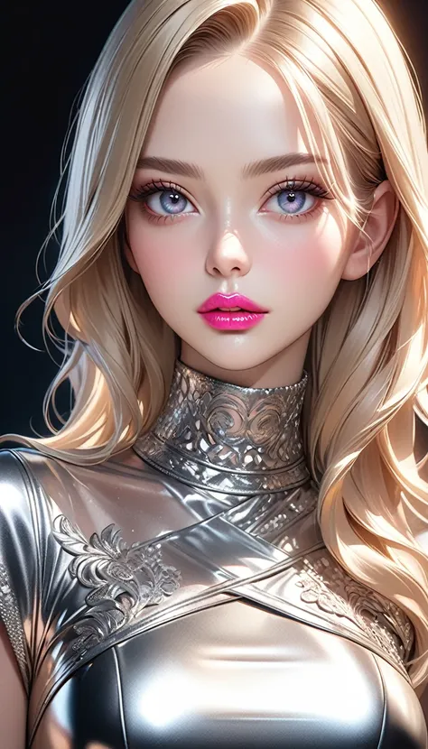 a stylish girl, long blonde hair, beautiful detailed eyes, beautiful detailed lips, extremely detailed face, long eyelashes, glossy lips surface, vibrant pink lips, shiny silver tight dress, photorealistic, 8k, (best quality:1.2), hyper detailed, (realisti...