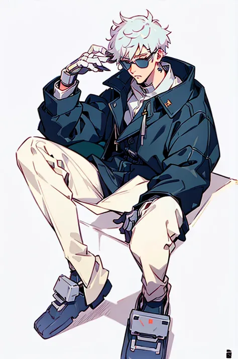 ((illustration)), (best quality)), ((masterpiece)), (detailed), adult, 1male, white hair,  jacket, black gloves, coat, sunglasse...