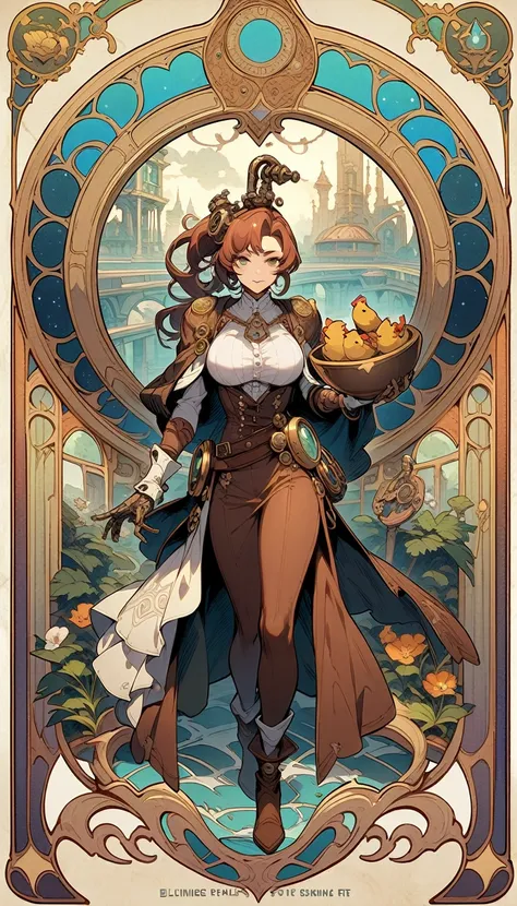 ((best quality)) , ((masterpiece)) , (detailed),a cartoon chicken dressed as an astronaut, holding bowl of food in his hand and flying over the city with some characters running away from him, league of legends splash art，(art nouveau style ， elegant, deco...