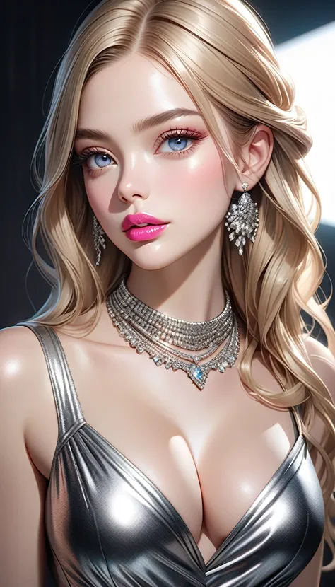 a stylish girl, long blonde hair, beautiful detailed eyes, beautiful detailed lips, extremely detailed face, long eyelashes, glossy lips surface, vibrant pink lips, shiny silver tight dress, cleavage, diamond necklace, photorealistic, 8k, (best quality:1.2...