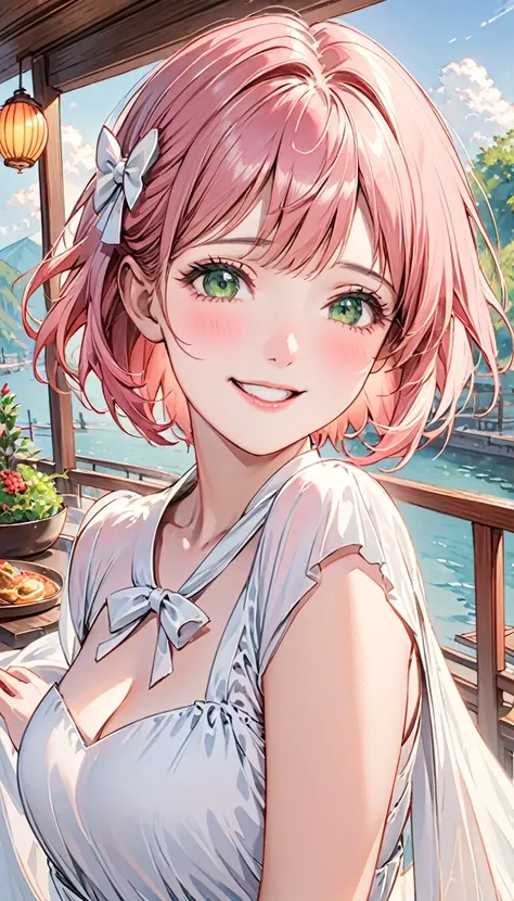 Short pink hair，Green eyes，1 girl，White Dress，There is a white bow on the head，floating long dress，上Half Body，Facing the camera，Happy expression，Joyful atmosphere，Close-up of face，HD face，high quality，Open-air restaurant，Half Body，clear，