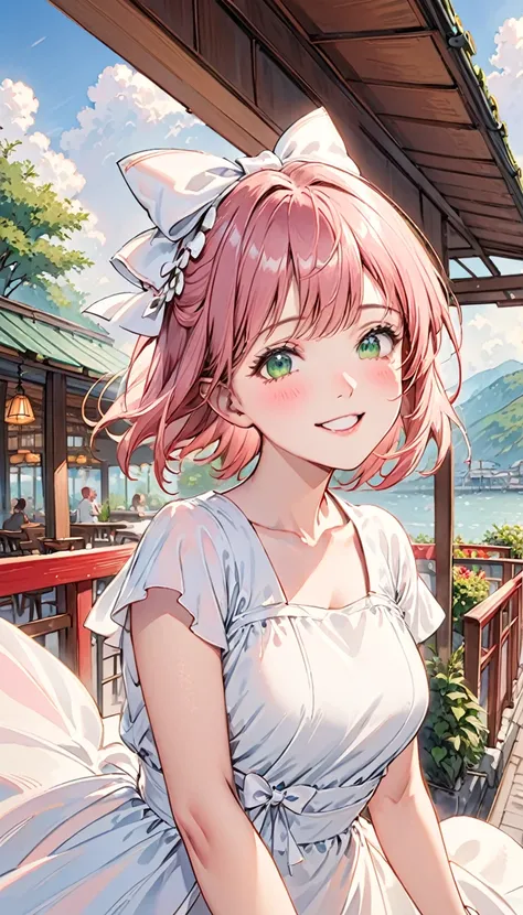 Short pink hair，Green eyes，1 girl，White Dress，There is a white bow on the head，floating long dress，上Half Body，Facing the camera，Happy expression，Joyful atmosphere，Close-up of face，HD face，high quality，Open-air restaurant，Half Body，clear，