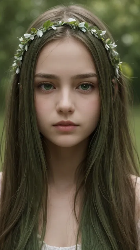 a girl. european. extremely detailed face. oval face. delicate features. long face. sad eyes half-closed. green eyes. long straight hair. messy hair. green hair. wreath on head. shy expression. outdoors