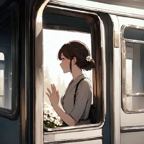 A woman riding alone on a train waving from the window Nostalgic Farewell Simple White flowers