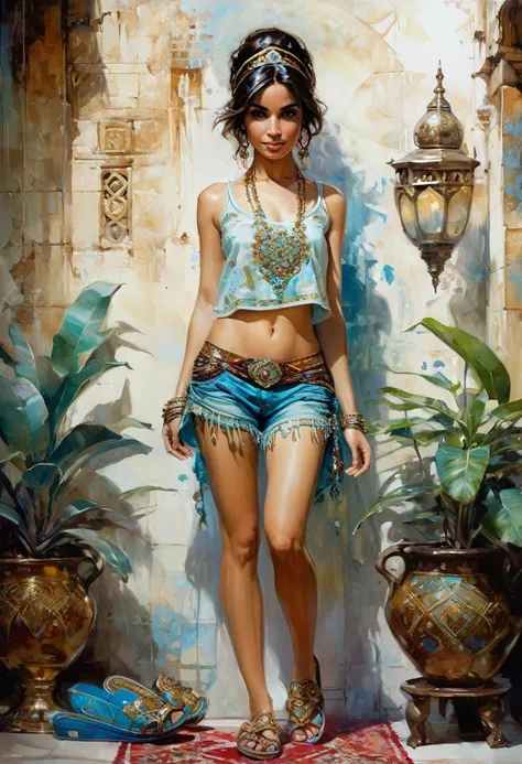 Disneys Princess Jasmine, in short shorts and crop top, arab slippers, Arabian, full body, masterpiece, short hair, intricate details, hyper detailed, Jean Baptiste Monge, Carne Griffiths, Michael Garmash, seb mckinnon, Michael Garmash, Seb Mckinnon,
