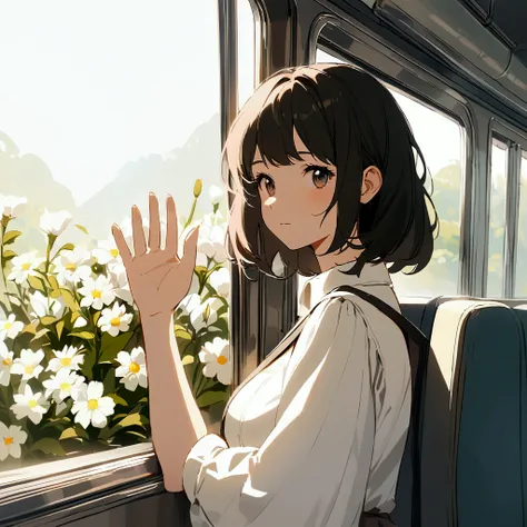 A woman riding alone on a train waving from the window Nostalgic Farewell Simple White flowers