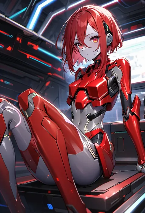 science fiction, android girl(metallic skin, cyber joint, red hair, red flash eyes, red armor legs)