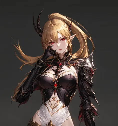 masterpiece, best quality, good quality, highly detailed, shadowverse style, female, elf, golden hair, red eyes, demonic, adult