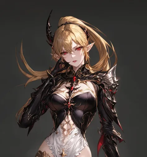 masterpiece, best quality, good quality, highly detailed, shadowverse style, female, elf, golden hair, red eyes, demonic, adult