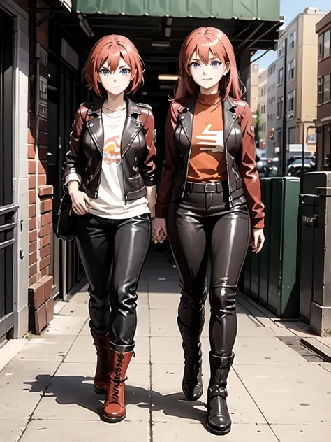 lesbian girls with dark reddish brown hair, , leather jacket with zipper, trousers, boots