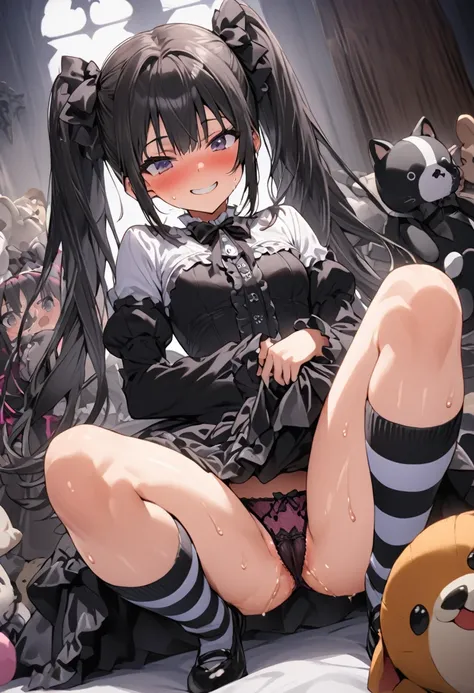 Ultra-high definition image quality、beautiful girl、high school girl、One Man、18-year-old、Twin tails、 Body Type、Striped knee socks、Hug a stuffed animal、Devilish smile、Gothic Lolita Fashion、Black Hair、Big ribbon、Gothic Lolita Room、a large number of stuffed an...