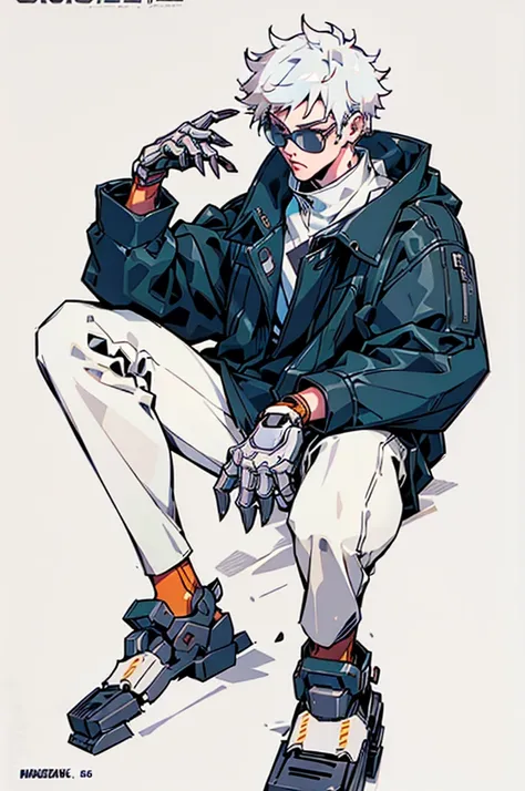 ((illustration)), (best quality)), ((masterpiece)), (detailed), adult, 1male, white hair,  jacket, black gloves, coat, sunglasse...