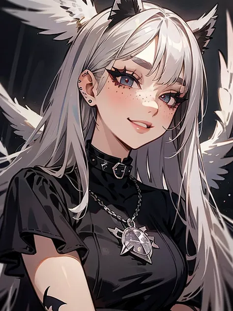 1 girl, eagle, white hair, straight hair, freckle, devil's point, gothic dress, dog collar, eyeliner, mascara, eyeshadow, smoky ...