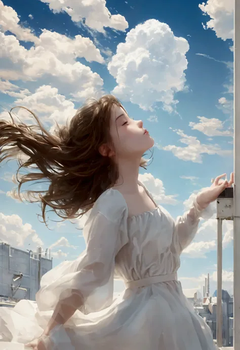 masterpiece, best quality, still film, 1 girl, floating in the sky, cloud girl, cloud, (close up:1.1), bright, happy, funny, sof...