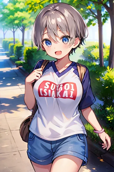 (high quality、masterpiece)、one girl、alone、cute、outdoor、shorts、t-shirts、hana uzaki