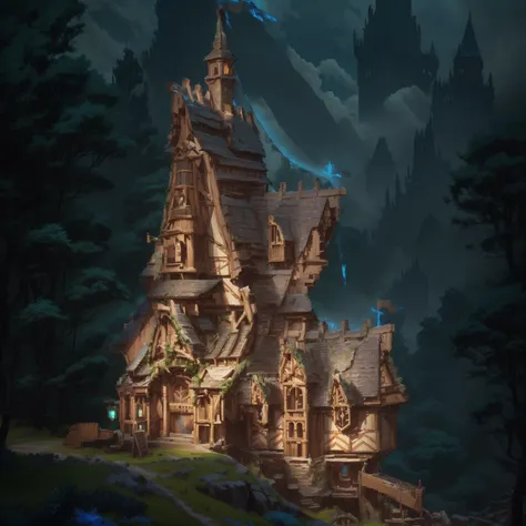 close-up of the house，there is a flag on it, fantasy architecture, giant medieval tower concept art,concept art is very detailed...