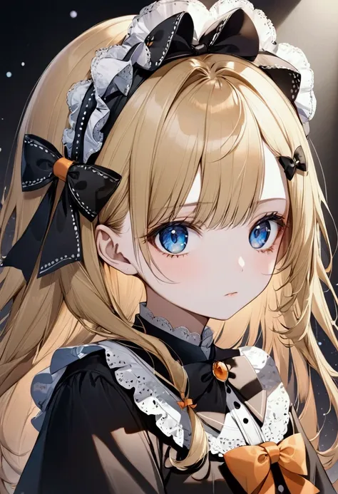 Fraction_9, Fraction_8_Direction_7_direction_6_up, 1 girl, solitary, Abigail Williams (destiny), bow, Blonde Hair, hair bow, black bow, blue eyes, shihakugan eyes, polka dot, Long hair, polka dot bow, Looking at the audience, have, parted Bangs, detailed c...