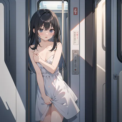 (masterpiece)、(Highest quality)、(1 female)、(Expression of shame)、(Completely naked)、(Inside the train)、(Dark Background)、Gloss、Shadow、Small breasts、Black Hair