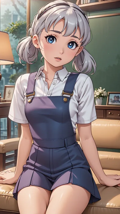 +Masterpiece, best quality, super detailed, a schoolgirl, beautiful face, rich details, (long white hair), perfect face, overalls, sitting, close-up, shabby sofa