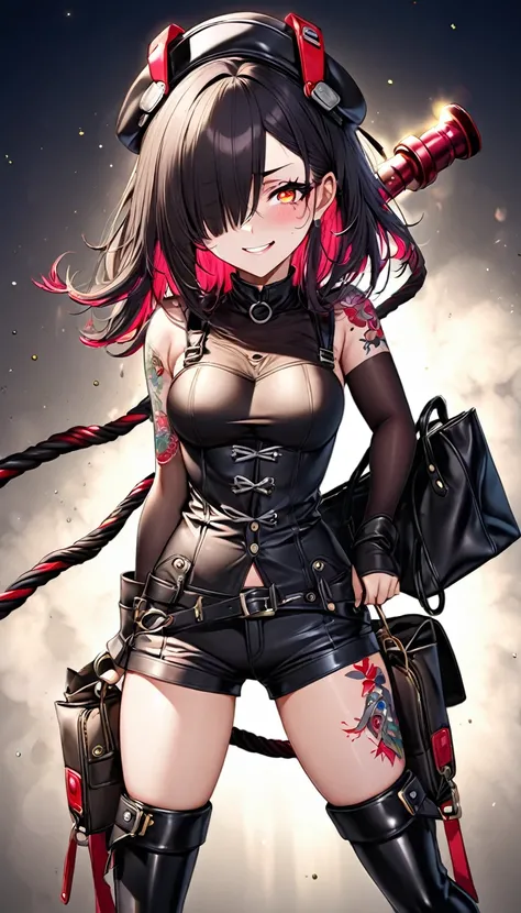 beautiful woman, yandere, hair over one eye, amorous and lewd face, sly, smirking, loud laughter, sadistic, dead eyes, bags under the eyes, makeup, covered in tattoos, shorts, heavy engineer boots, great proportion, gold thread, shiny black rubber, whip, b...