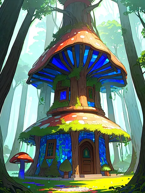 The mushroom house in the mysterious forest has vases of trees and a mosaic floor.