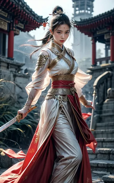 （drama、Leathery、generous：1.4），masterpiece，Best quality，8K，Crazy details，Intricate details，Extremely detailed，Extra large mass，High Detail，Extremely detailed，masterpiece，1 Girl，solo，Hanfu，Shift Dress，Red ribbon，Jewel-like，wind，Long sleeve，White hair，Hair ac...