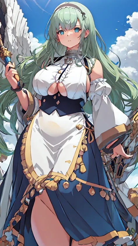 High detailed, 1 girl, light green long hair, busty, firm plump body, genetics uniform , Juliet sleeves, pencil BLUE skirt, deep cleavage, Juliet sleeves 