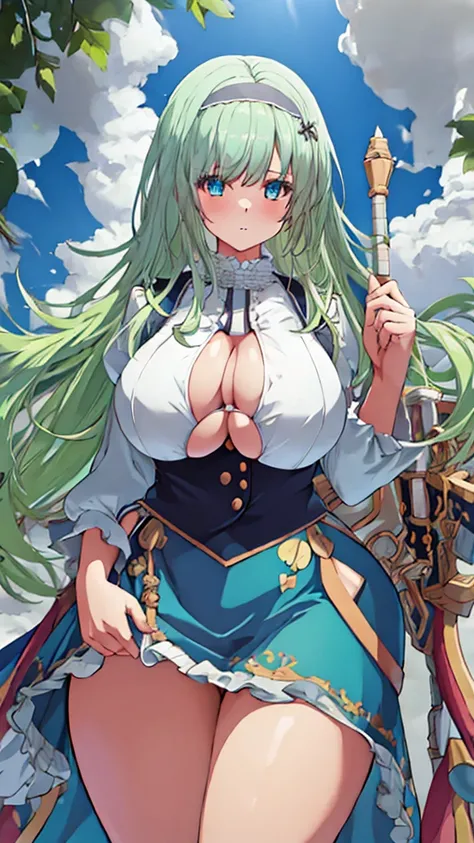 High detailed, 1 girl, light green long hair, busty, firm plump body, genetics uniform , Juliet sleeves, pencil BLUE skirt, deep cleavage, Juliet sleeves 