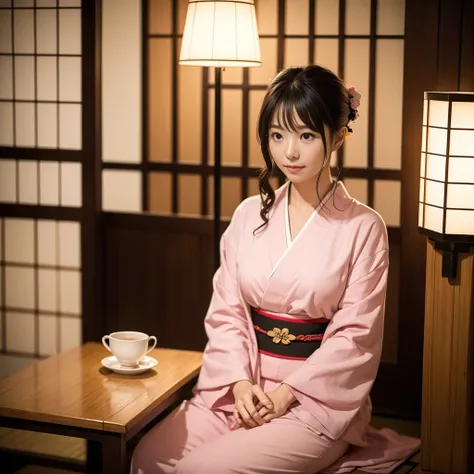 In a traditional Japanese room、A Japanese woman wearing a pale pink kimono is sitting。As she sips her tea,、Has a calm expression on his face。The soft light coming through the shoji screen illuminates her gentle features.、Quiet and beautiful atmosphere