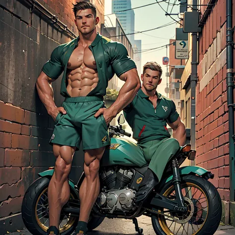 32k, high quality , detailed face , detailed hands , detailed muscles , stephen amell standing near his motorcycle, posing in a street ,standing with spread legs, showing his muscles, shirtless wearing a very very low dark green shorts, background brick wa...