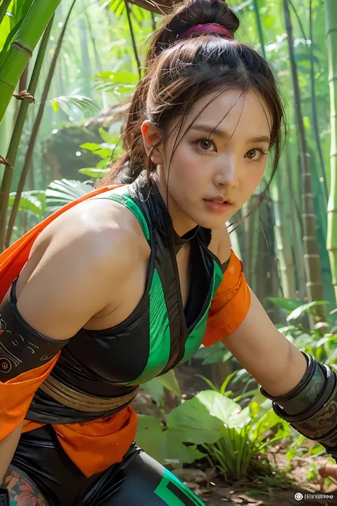 bamboo forest background，A look of determination，colorful vivid octane render, cybernetic and highly detailed, loba andrade from apex legends, created in unreal engine 5, made in unreal engine 5, trending on unreal engine 5, Antique portraits, Martial arts...