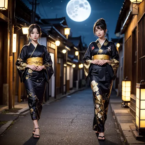 Night city background、A Japanese woman in a gorgeous black and gold kimono、Walking under the light of the full moon。Her expression is mysterious and、The embroidery on her kimono shines in the moonlight.。Japanese beauty and a mysterious atmosphere