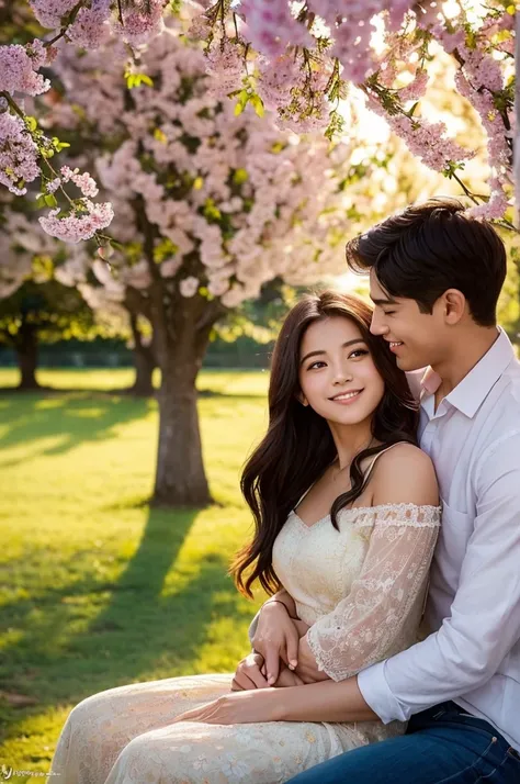 A visually stunning image of a young couple engaged in an affectionate embrace on a park bench. The couple, a man and a woman in their twenties, are deeply engrossed in each other’s company, smiling gently while holding each other closely. The scene is set...