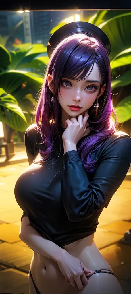 a beautiful detailed woman with long purple hair, extremely detailed face and eyes, dramatic lighting, dramatic colors, photorealistic, high quality, professional, cinematic, glowing skin, tropical plants, big breasts, shirt, hat, (best quality,4k,8k,highr...