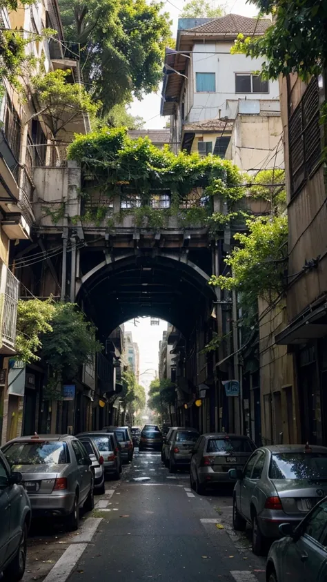 A juxtaposition of a busy urban area being overtaken by nature. Trees and vines growing over buildings and streets, with wildlife making its way through the once-bustling city. The image should contrast the man-made environment with the reclaiming force of...